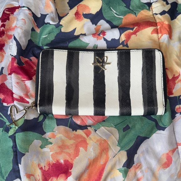 Victoria's Secret Handbags - Victoria's Secret Black and White Striped Zip Wallet with Heart Charm